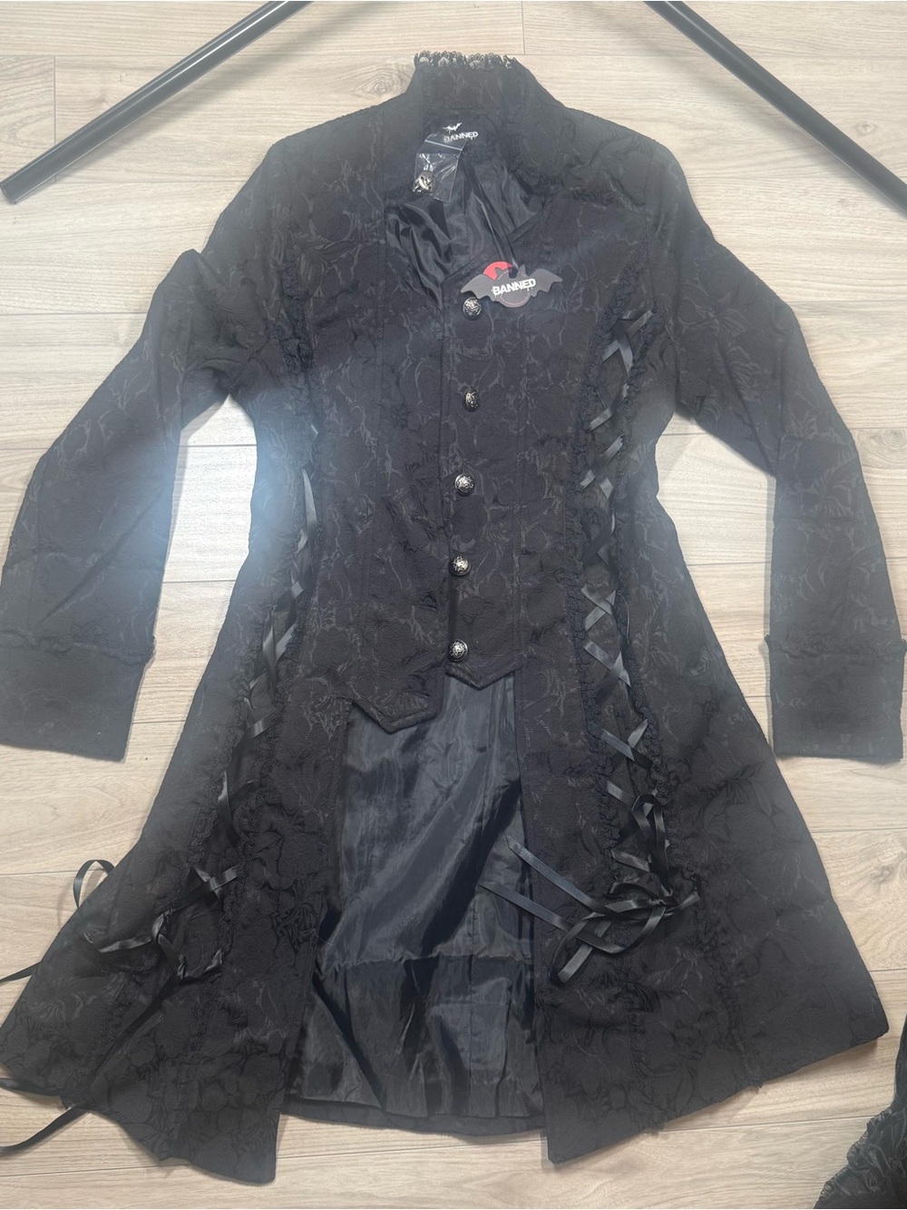Banned Black Lace Gothic Long Coat with Ribbon Corset Sides